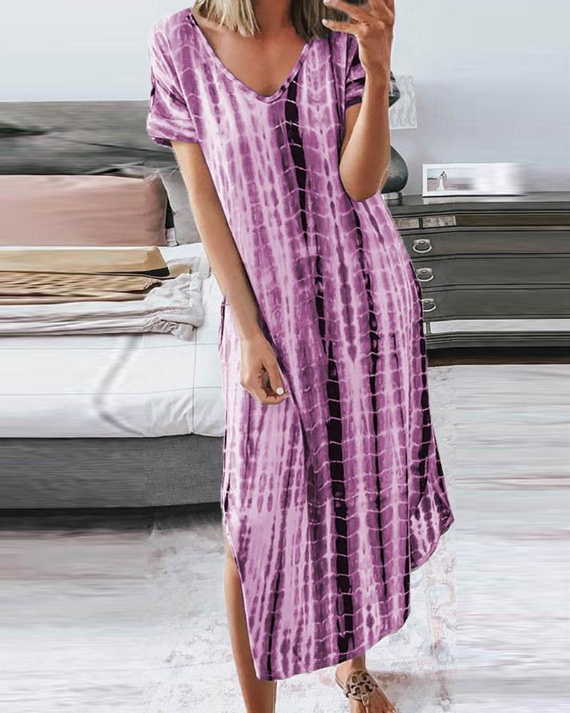 

Tie Dye Short Sleeve Loose Long Dress, Purple