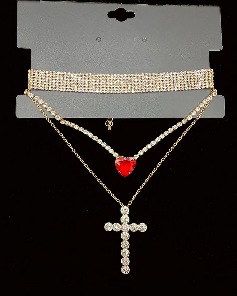 

1PC Allover Rhinestone Heart Cross Pendant Necklace, Red
