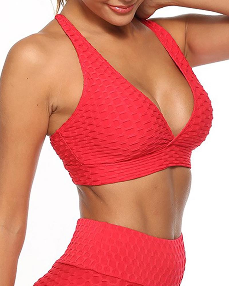 

Textured Tank Top Push Up Gym Sports Bra Breathable Elastic Bralette Workout Underwear, Red