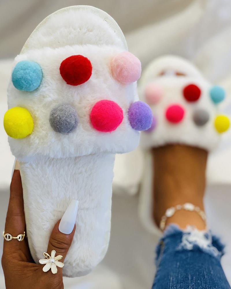 

Colorful Pom Pom Decor Fluffy Slippers, White