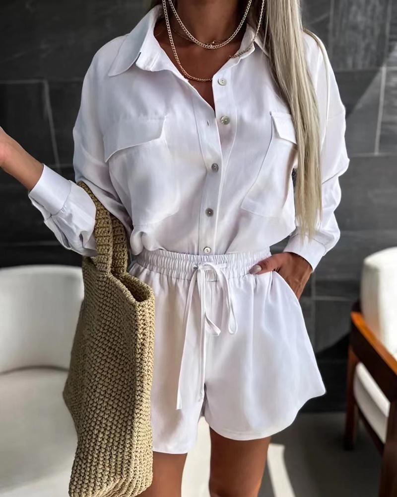 

Buttoned Long Sleeve Shirt & Drawstring Shorts Set, White