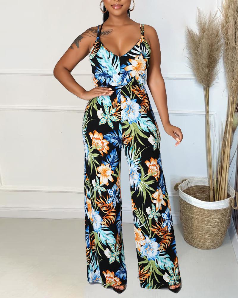 

Tropical Print Criss Cross Cami Jumpsuit, Multicolor