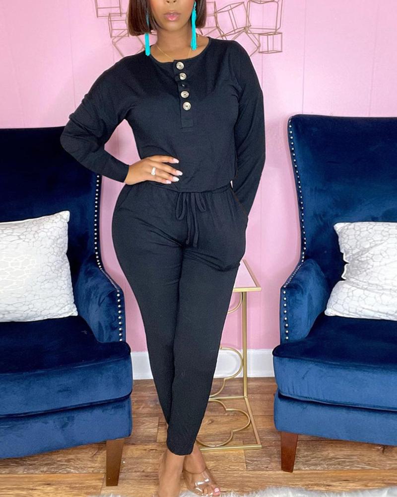 

Button Front Pocket Detail Drawstring Jumpsuit, Black
