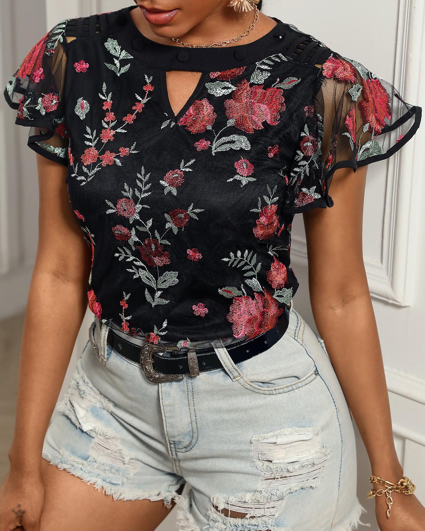 

Floral Embroidery Sheer Mesh Flutter Sleeve Casual Blouse, Black