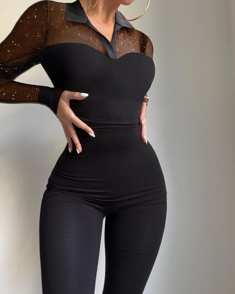 

Glitter Sheer Mesh Patch Skinny Jumpsuit, Black
