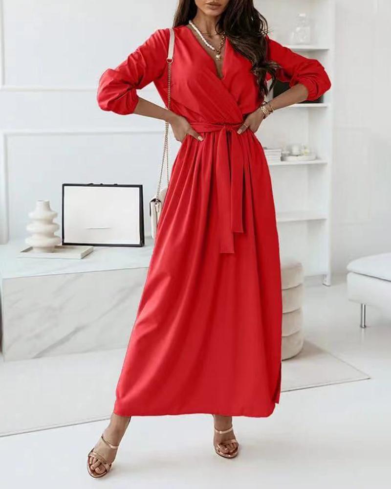 

Tied Detail Long Sleeve Casual Maxi Dress, Red