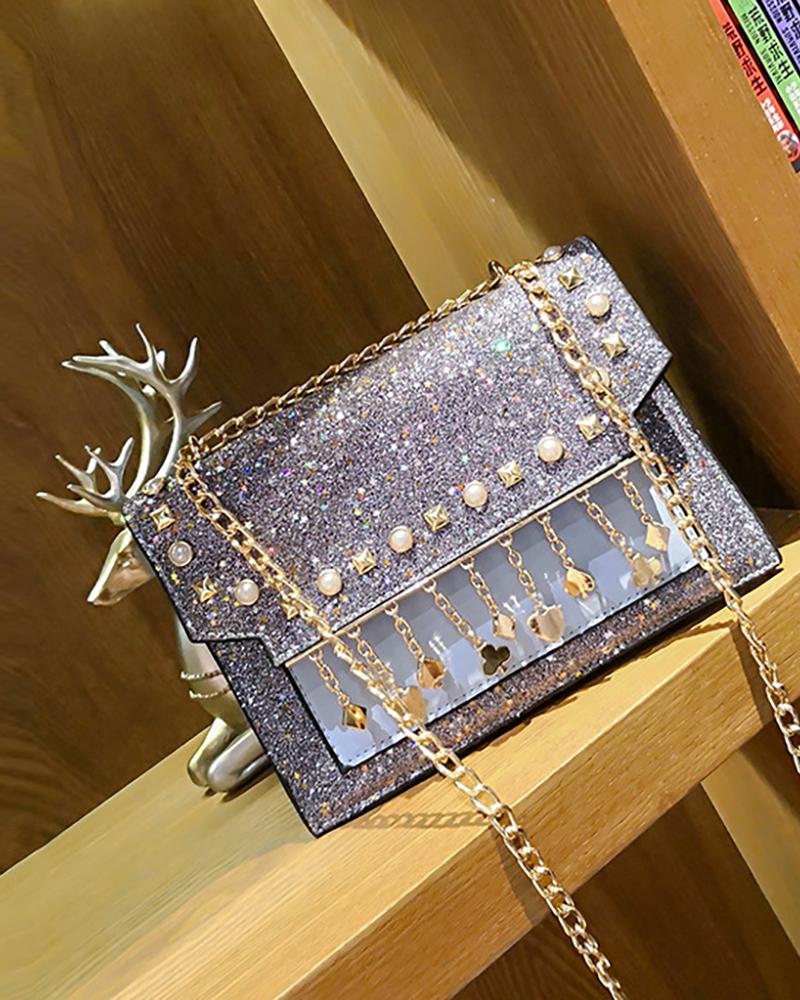 

Tassel Design Glitter Chain Shoulder Bag, Blue