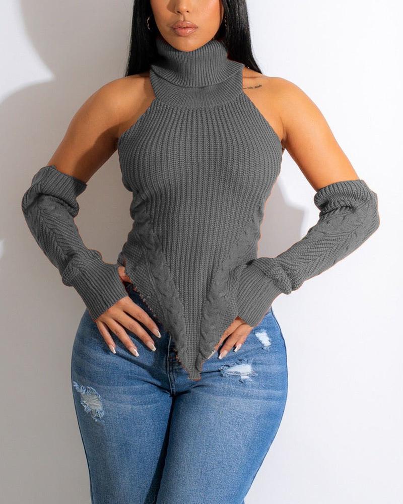 

Halter Backless Asymmetrical Cable Knit Sweater With Gloves, Gray