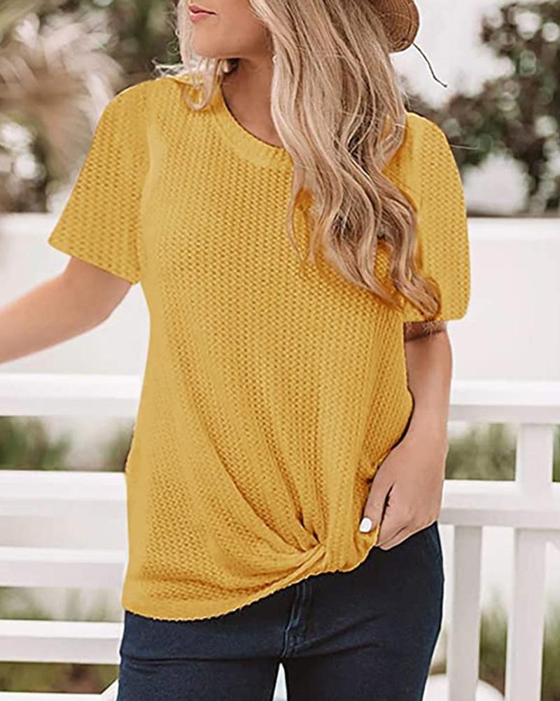 

Solid Round Neck Twisted Casual T-shirt, Yellow