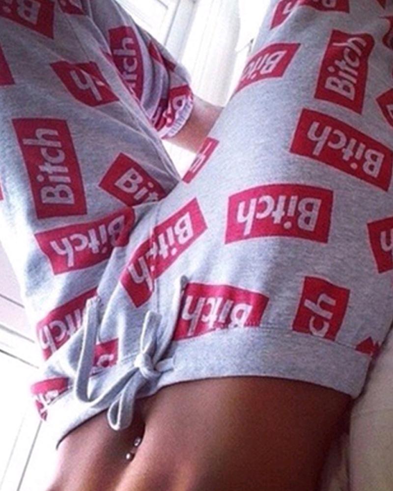 

Letter Print Drawstring Pants, Gray