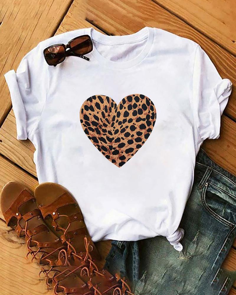 

Heart Leopard Print Short Sleeve Casual T-shirt, White