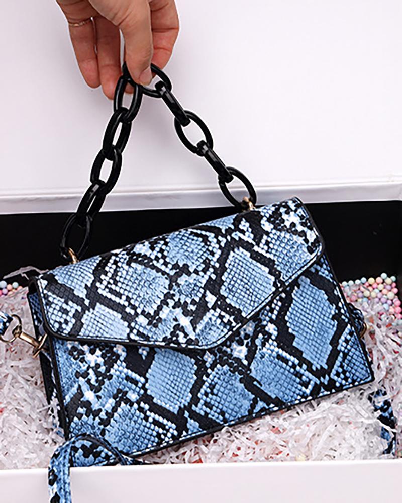 

Snakeskin Print Flap Crossbody Bag With Handle, Blue