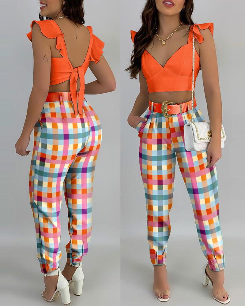 

Solid Ruffle Trim Tie Back Crop Top & Plaid Pants Set, Multicolor