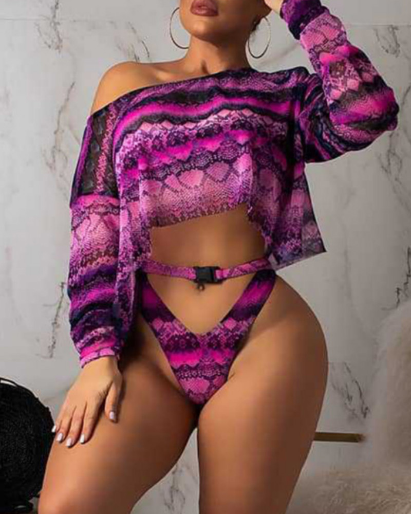 

3PCS Snakeskin Print Bikini Sets With Top, Purple
