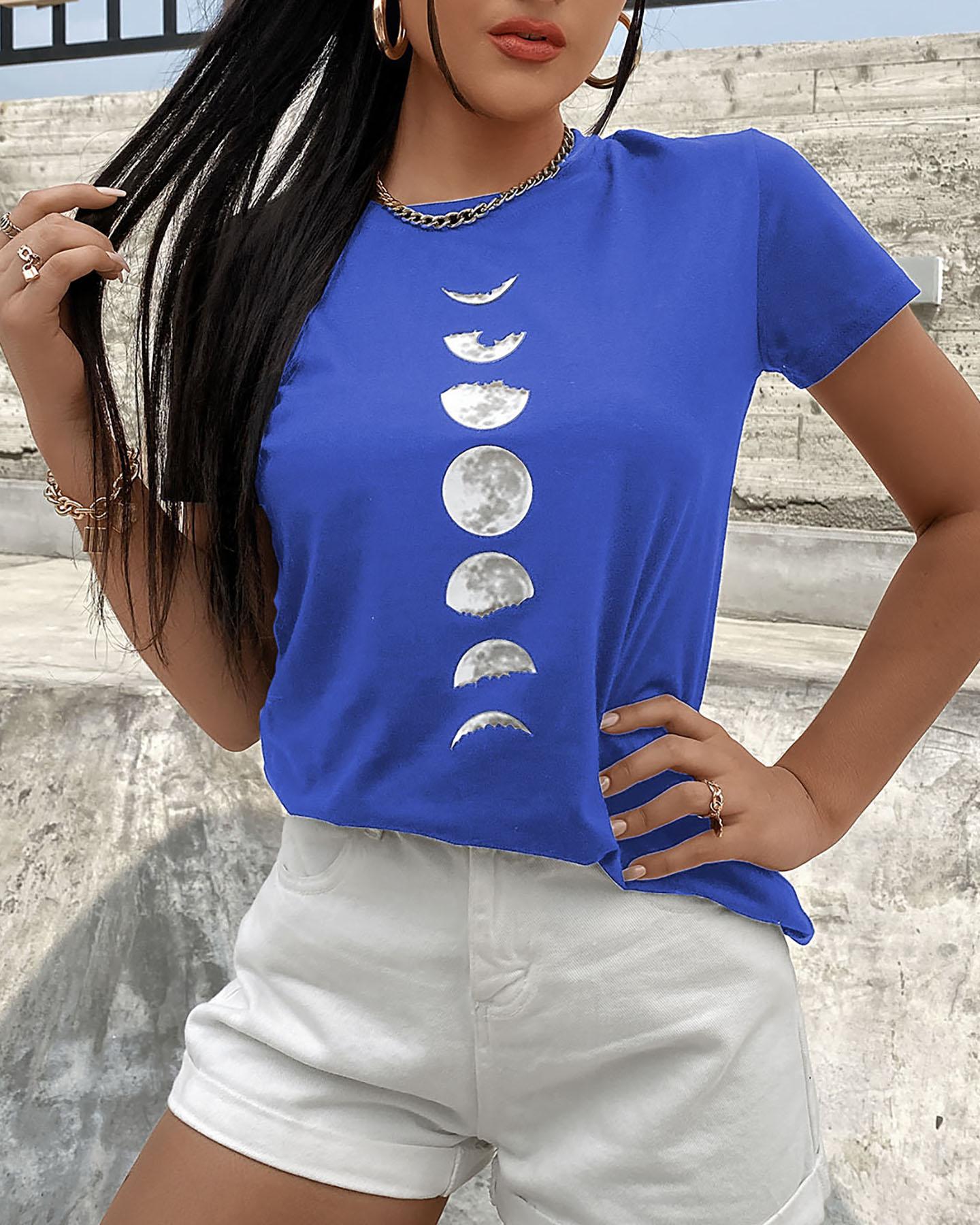 

Moon Print Short Sleeve Casual T-shirt, Blue