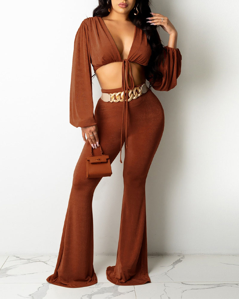 

Lantern Sleeve Tie Front Crop Top & Flare Leg Pants Set, Brown