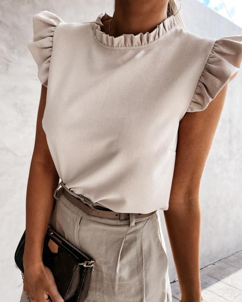 

Ruffle Hem Round Collar Sleeveless Blouse, Apricot