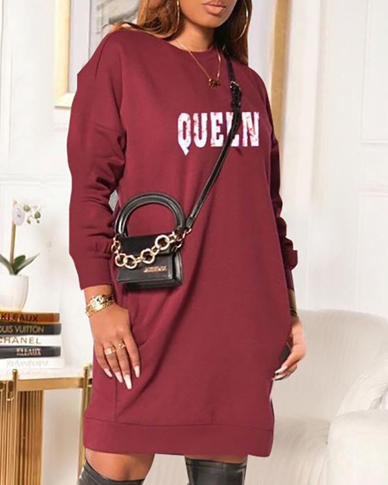 

Letter Print Casual Sweatshirt Dress, Wine red