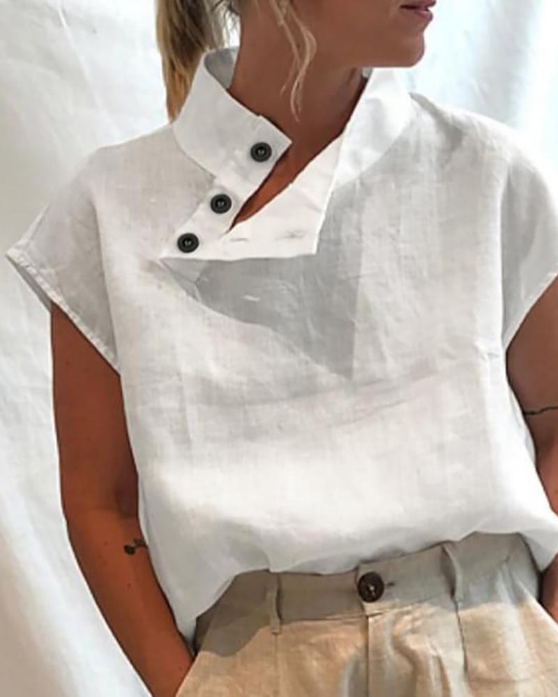 

Plain Stand Collar Button Design Top, White