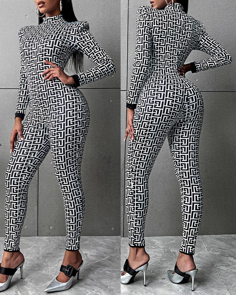 

Geo Print Shoulder Pad Long Sleeve Skinny Jumpsuit, Black&white