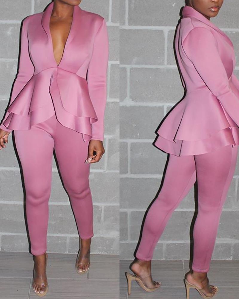 

Ruffles Plunge Women Top & Pants Set, Pink
