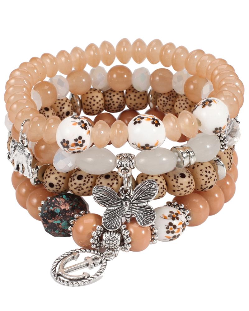 

4pcs Elephant Anchor Butterfly Shaped Pendant Stackable Bohemian Layered Beaded Unisex Bracelets Set, Coffee