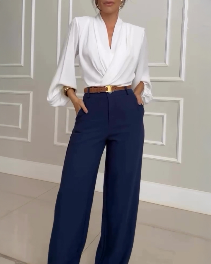 

Blusa 2 em 1 com decote em V, manga lanterna, ombros acolchoados, casual, franzido, bainha elástica, top curto, White
