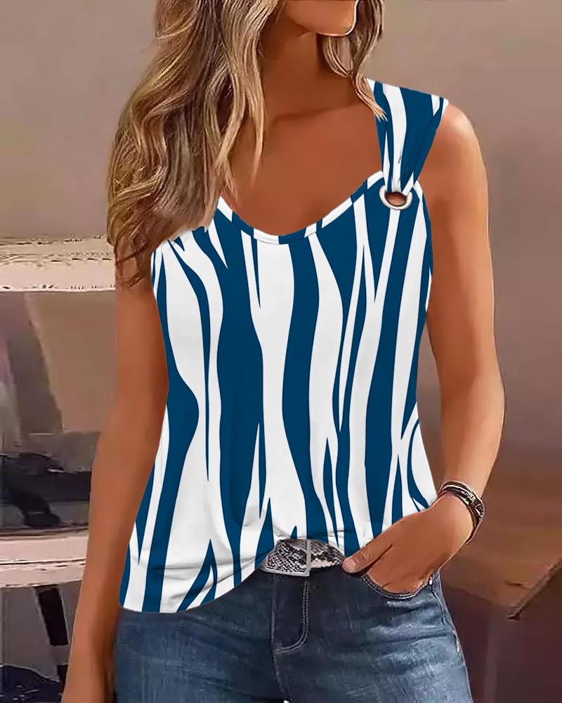 

Abstract Print Eyelet Casual Tank Top, Blue