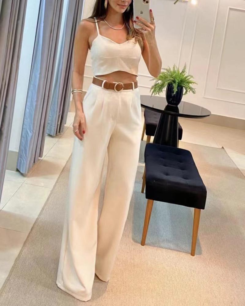 

Crop Cami Top & Straight Leg Pants Set, White