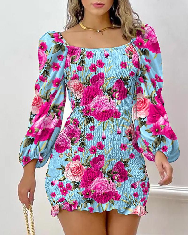 

Floral Print Puff Sleeve Shirred Dress, Blue