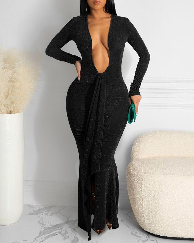 

Long Sleeve Plunging Neck Glitter Mermaid Dress, Black