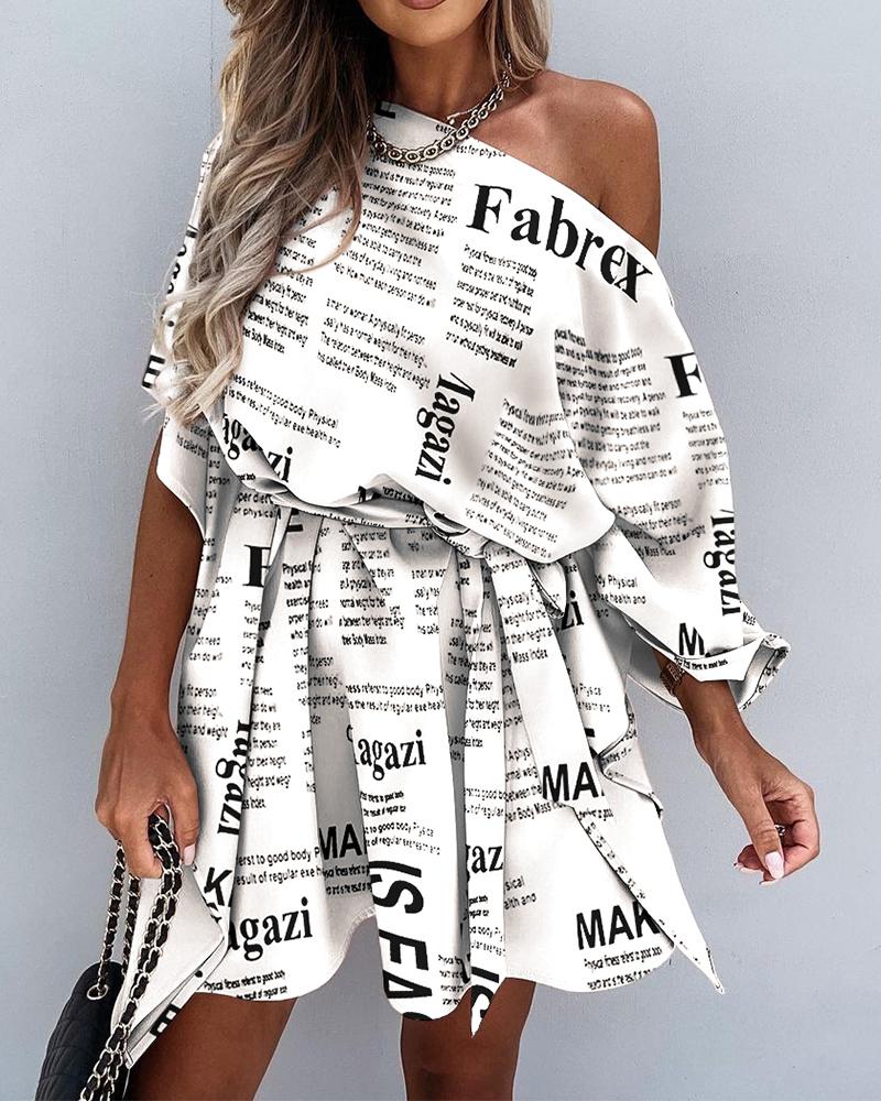 

Newspaper Print Skew Neck Pleated Lace Up Mini Dress, White