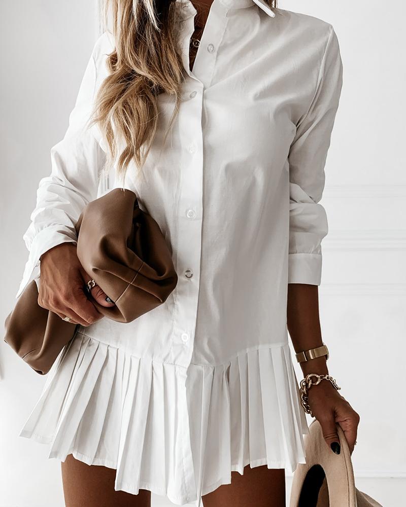 

Plain Button Design Pleated Shirt Dress, White