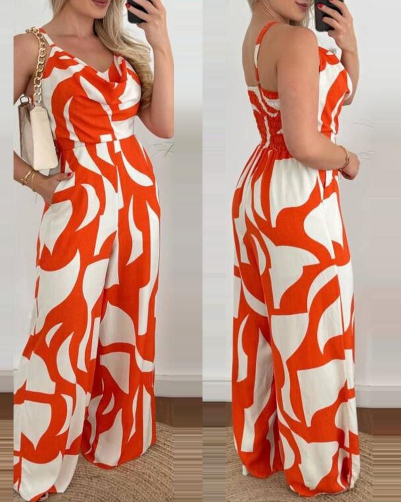 

All Over Print Wide Leg Jumpsuit, Orange