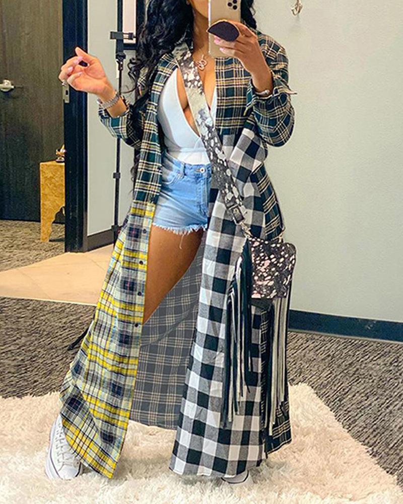

Colorblock Plaid Print Longline Shacket, Yellow
