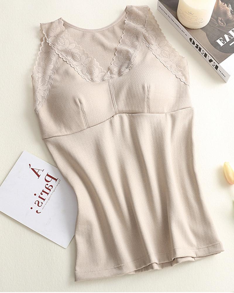 

Floral Lace Trim Crisscross Padded Vest Thermal Underwear Base Shirt, Nude