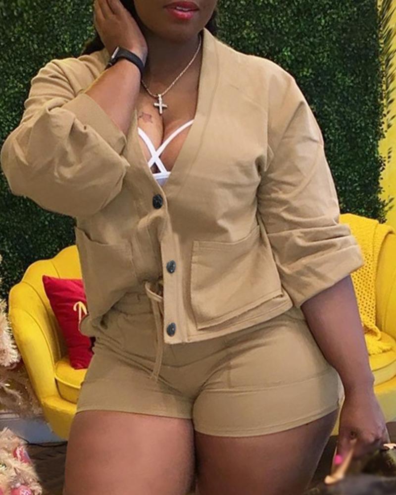 

Pocket Detail Button Front Jacket & Shorts Set, Khaki