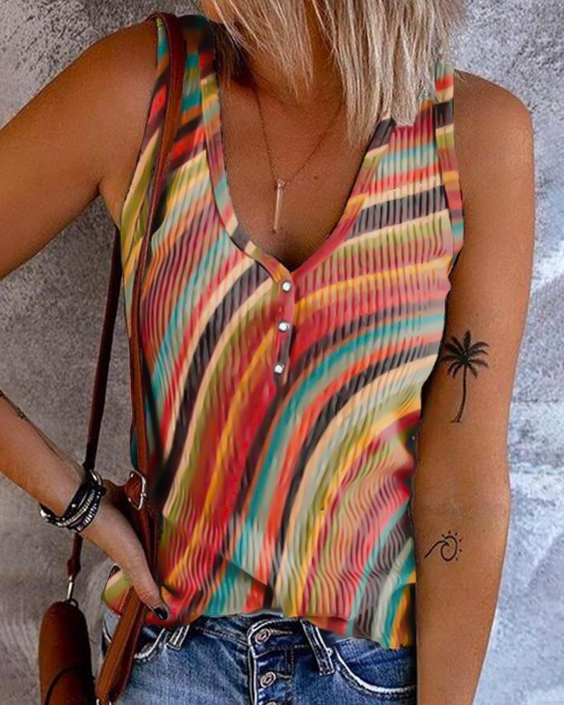 

Rainbow Stripe Print Button Front Tank Top, Multicolor