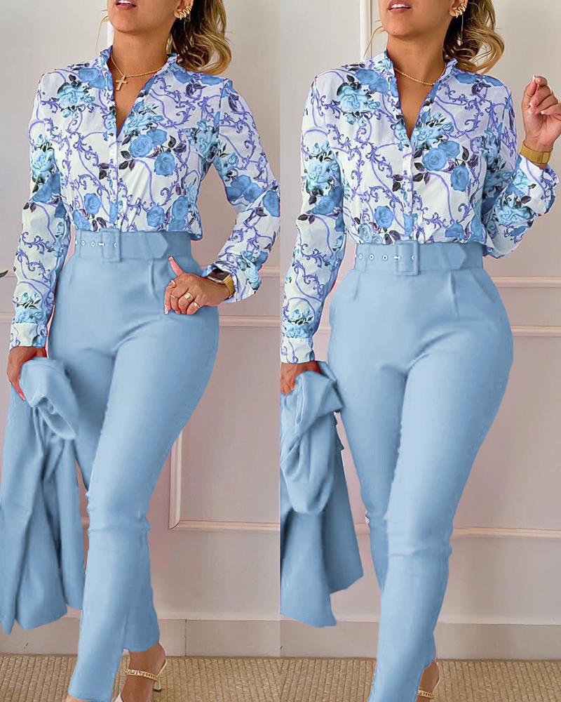 Floral Baroque Print Shirt & High Waist Pants Set