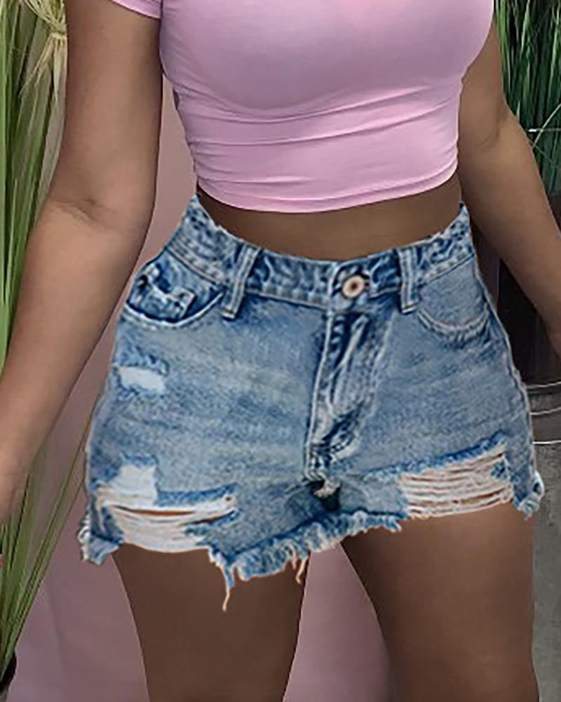 

Fringe Hem Ripped Button Design Denim Shorts, Blue