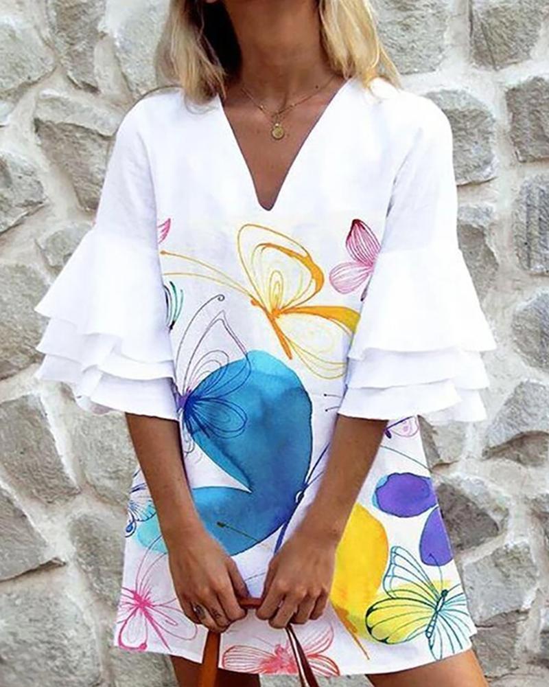 

Butterfly Print Bell Sleeve V Neck Casual Dress, White
