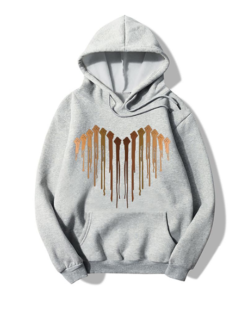 

Heart Print Pocket Desigh Hooded Sweatshirt, Gray