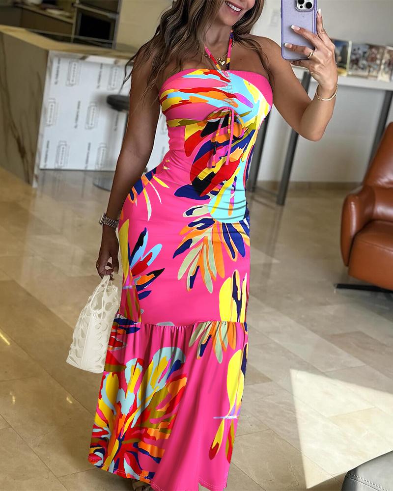 

Tropical Print Halter Drawstring Maxi Dress, Hot pink