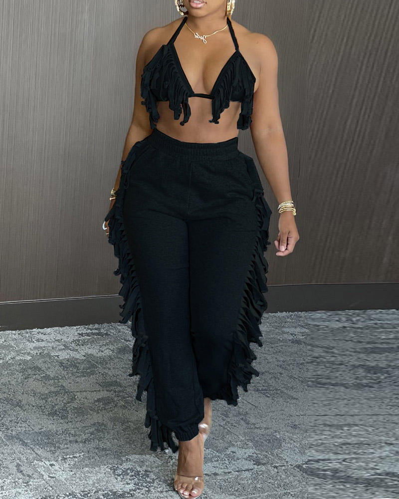 

Halter Fringe Backless Top & High Waist Pants Sets, Black