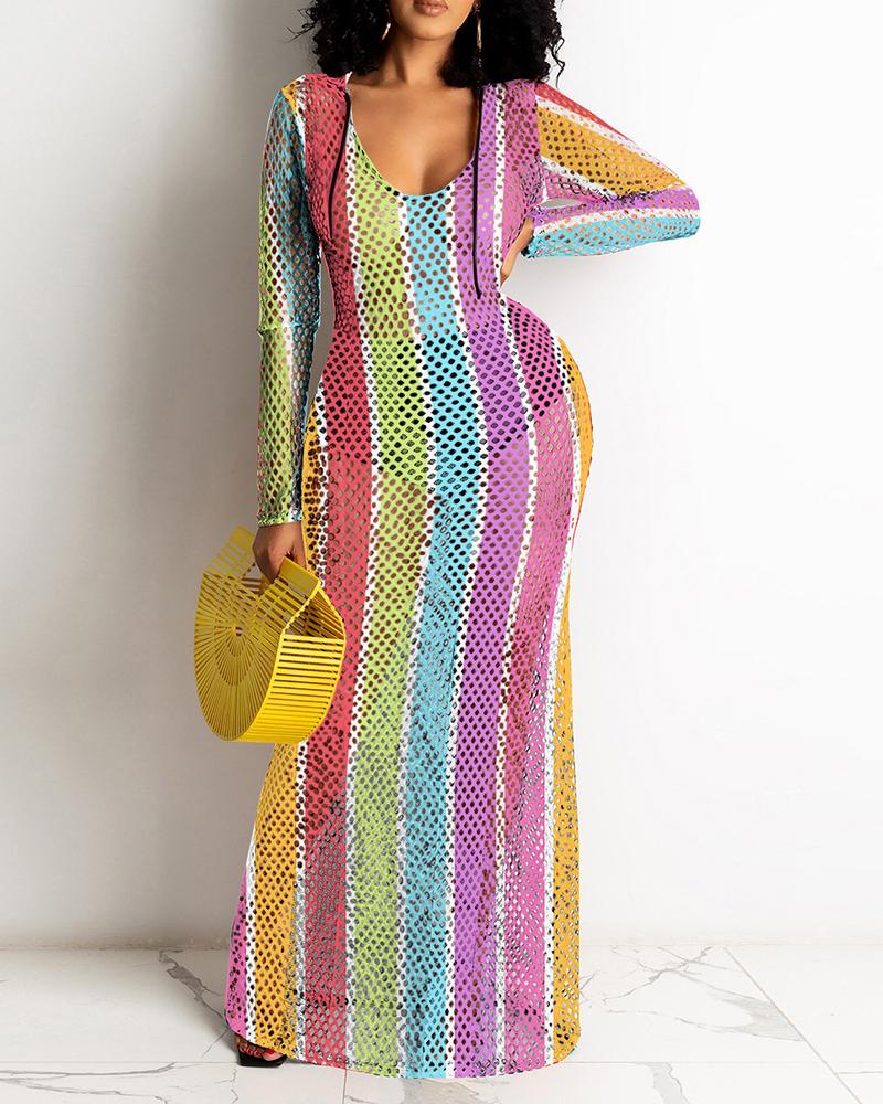 

Colorblock Hollow Out Hooded Cover Up Dress, Purple