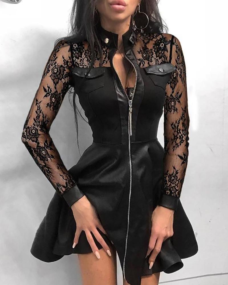 

Crochet Lace PU Leather Zip Front Casual Dress, Black