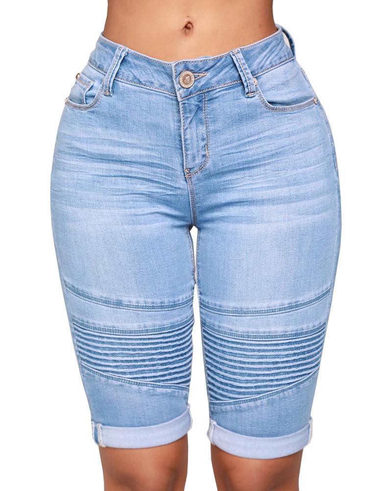 

Single Button High Waist Ruched Denim Shorts, Blue