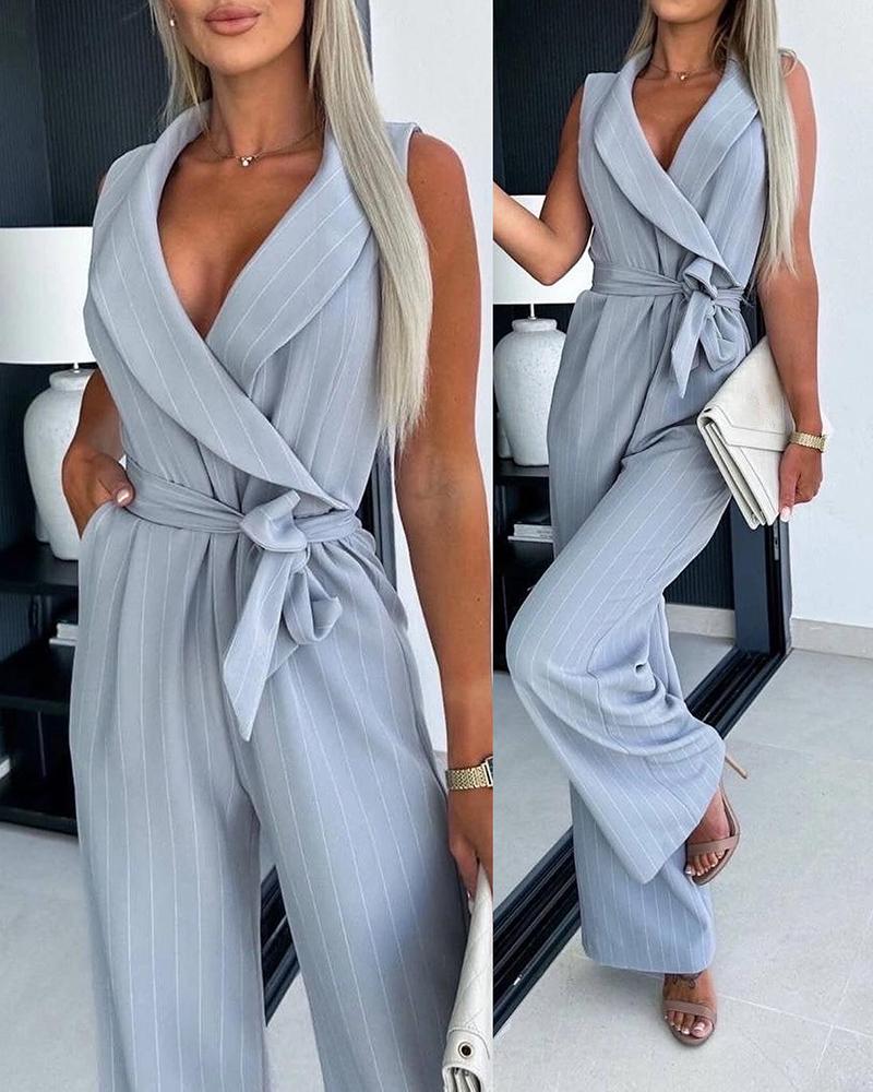 

Shawl Collar Sleeveless Wide Leg Work Jumpsuit, Gray