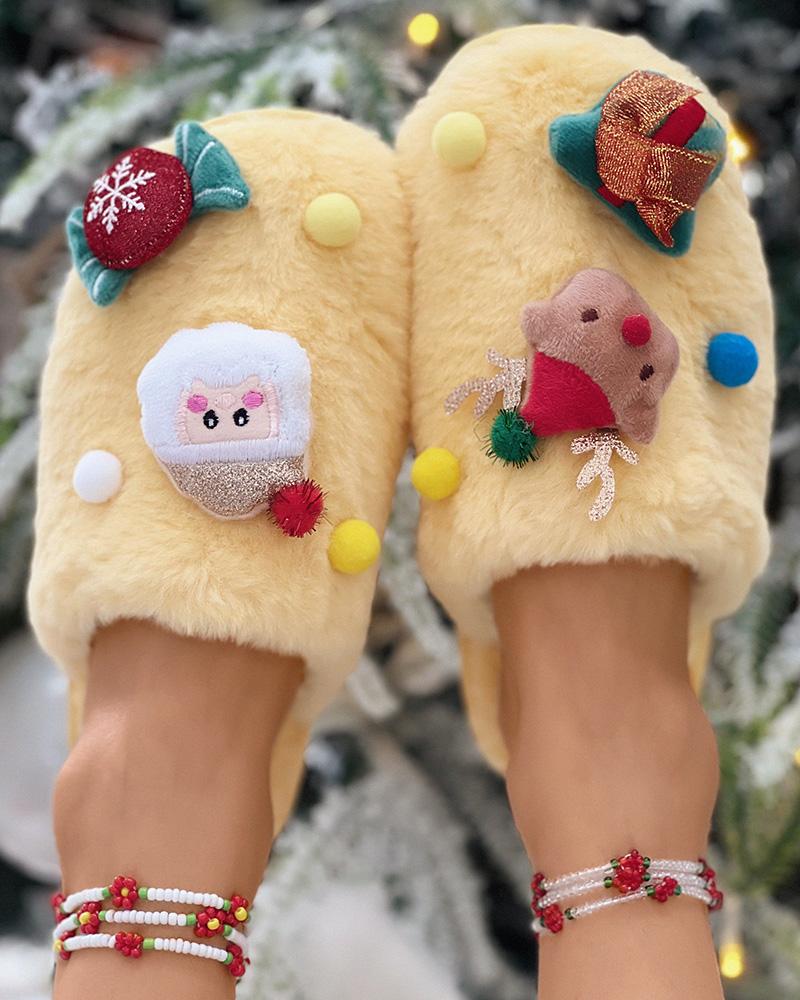 

Christmas Tree Santa Elk Cartoon Pattern Fuzzy Slippers, Yellow