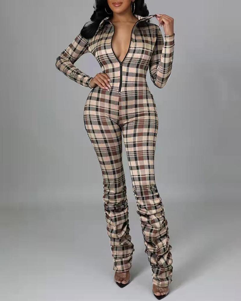 

Plaid Print Zipper Design High Neck Ruched Jumpsuit, Gray
